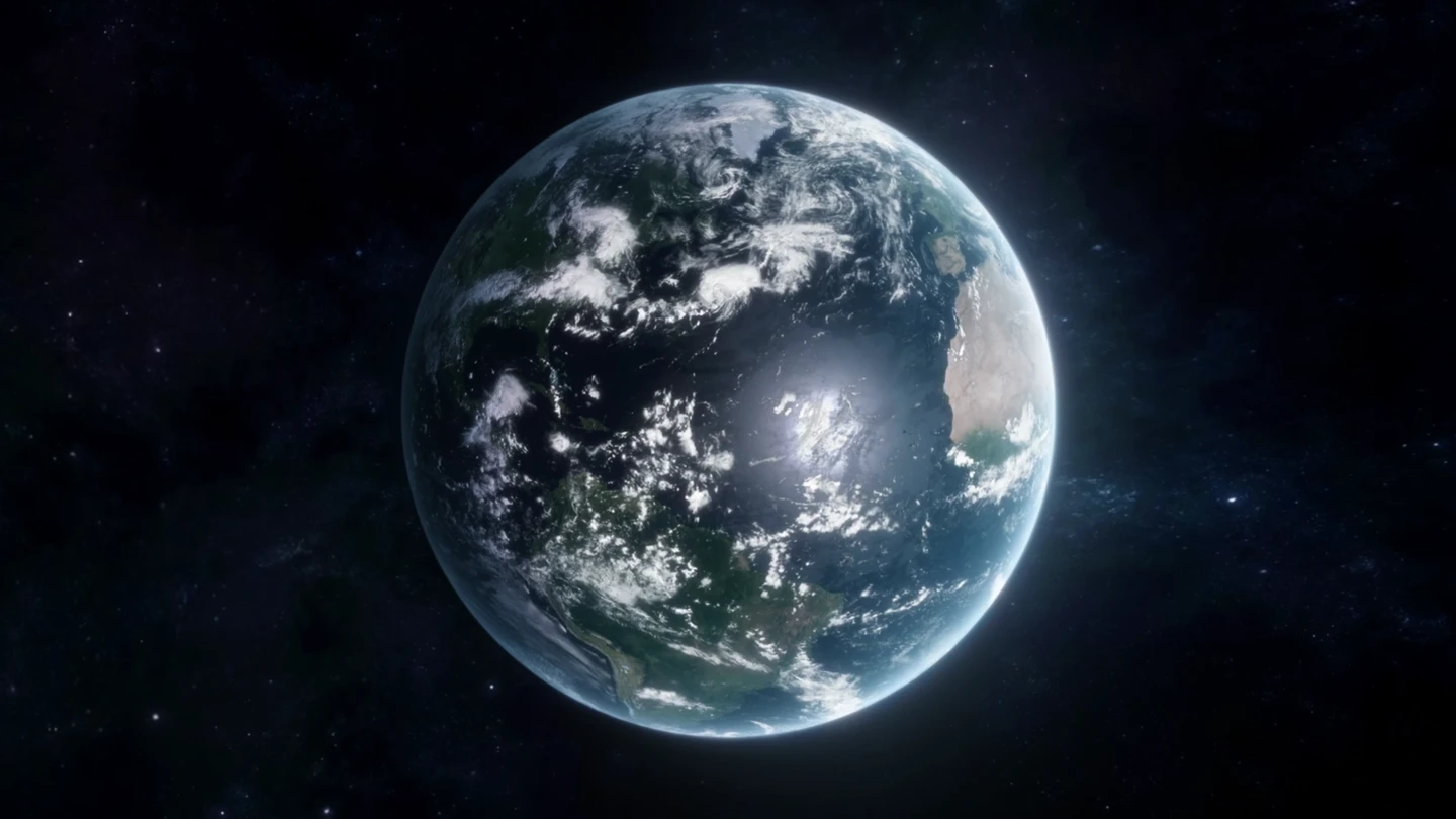 Fotograma del video institucional: la Tierra vista desde el espacio, con el océano cubriendo casi todo el disco y el reflejo del sol sobre el agua